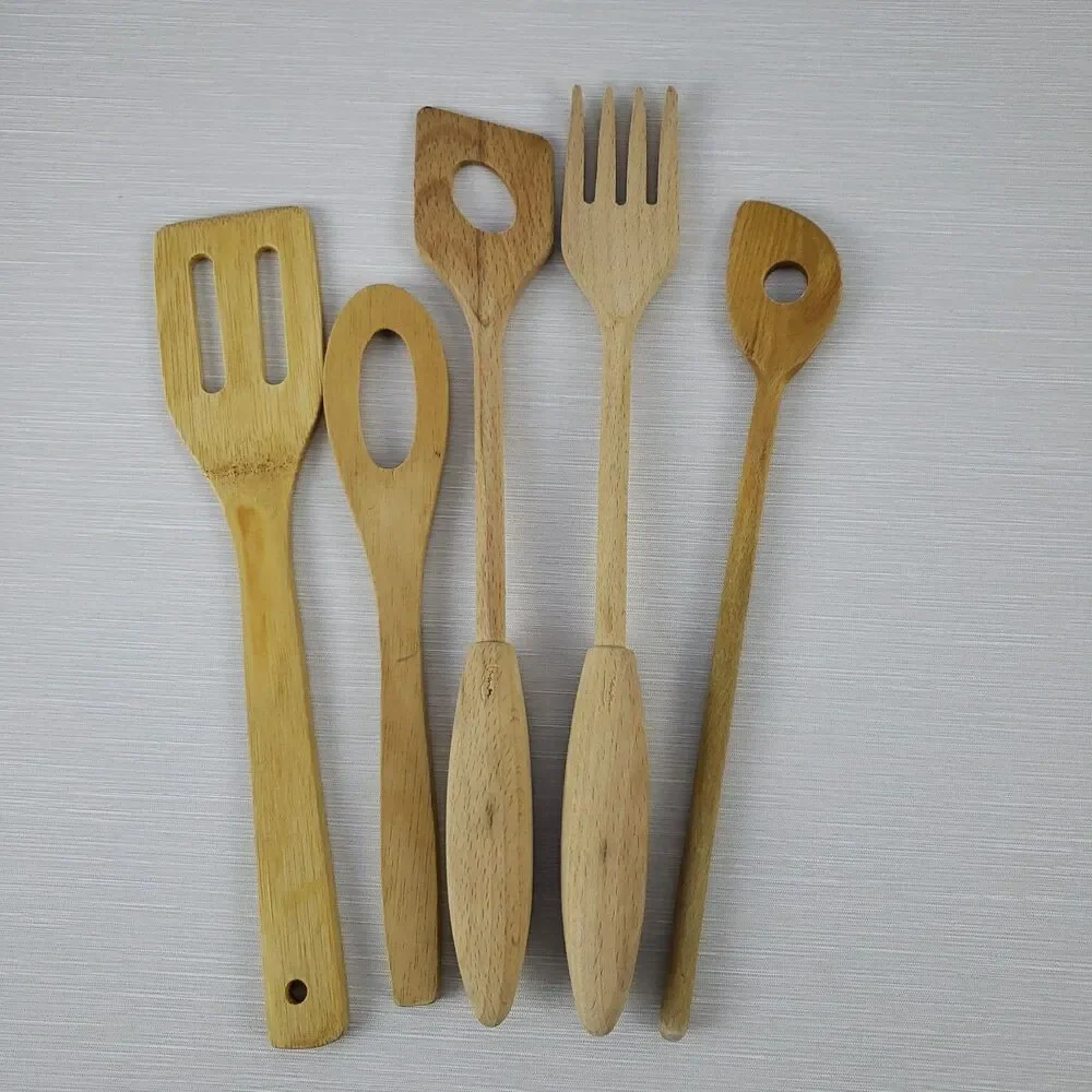 Wood Cooking Utensils Spoon Fork Chopper Spatula 5 Pcs Lot